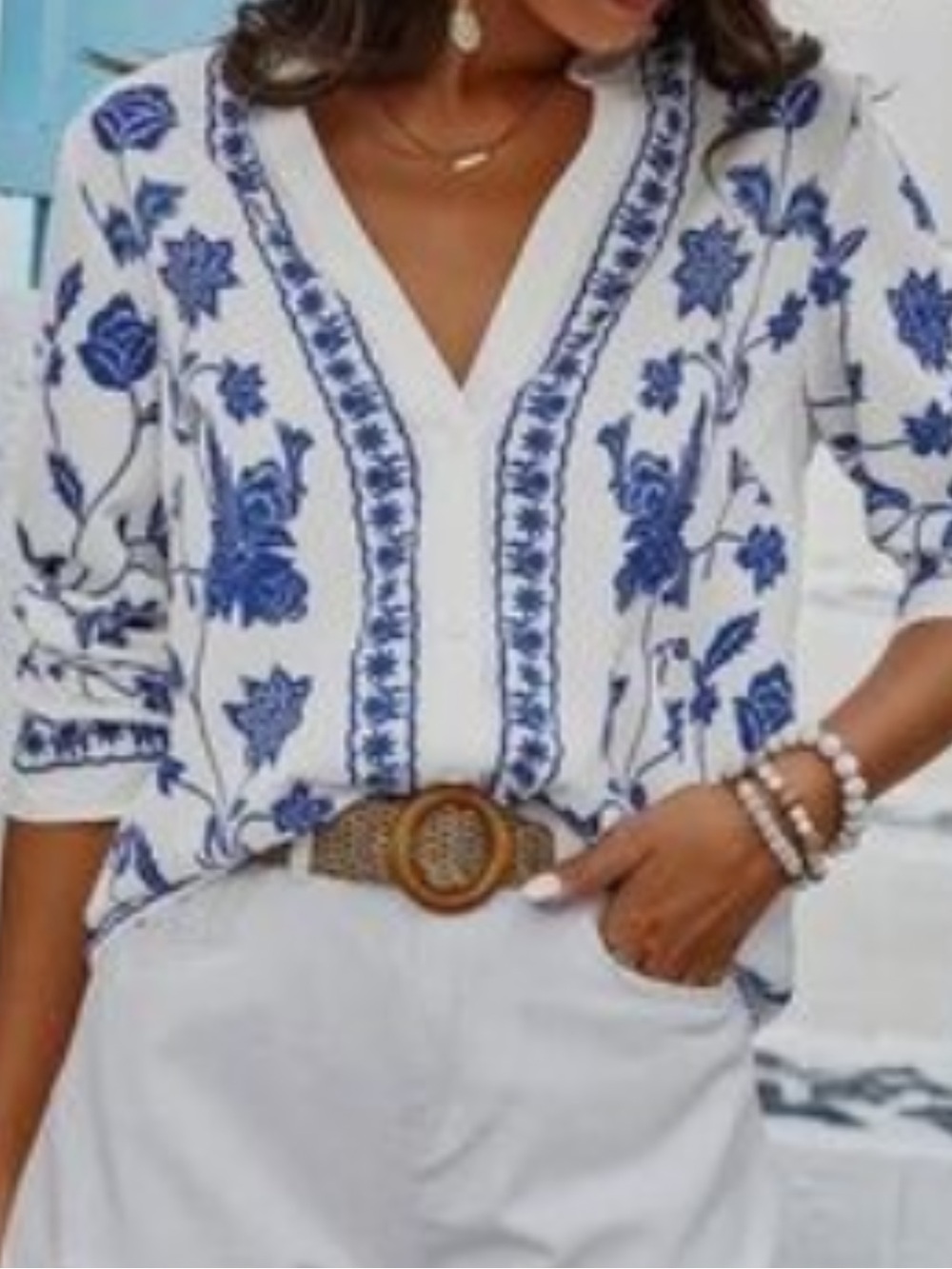SHEIN White Blouse with Blue Floral Embroidery